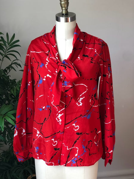 Red Paint Splatter Pussybow Blouse (Size 8)