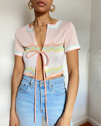 Upcycled Pastel Tie Top (Small/Medium)