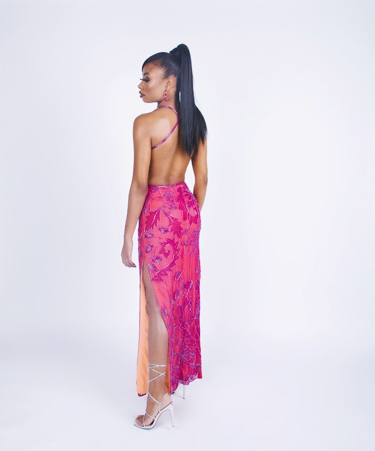 Rental: 90s Cache Magenta Cut Out Floral Beaded Gown (XS)