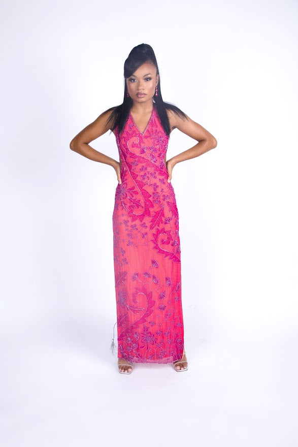 Rental: 90s Cache Magenta Cut Out Floral Beaded Gown (XS)