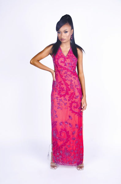 Rental: 90s Cache Magenta Cut Out Floral Beaded Gown (XS)