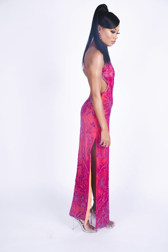 Rental: 90s Cache Magenta Cut Out Floral Beaded Gown (XS)