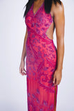 Rental: 90s Cache Magenta Cut Out Floral Beaded Gown (XS)