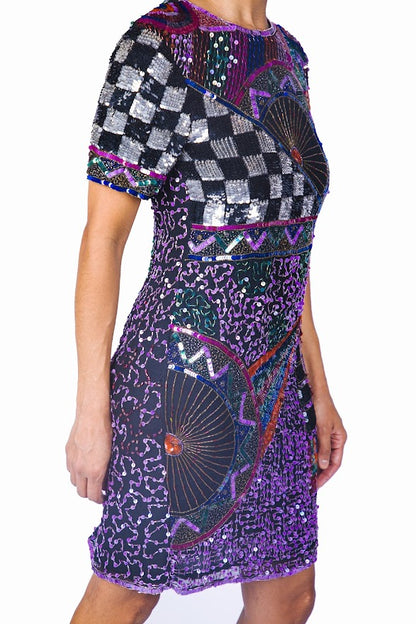 Rental: 80s Purple Sequined Cosmic Cocktail Dress (Medium)