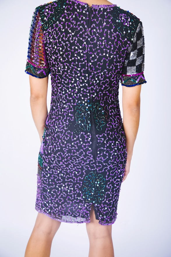 Rental: 80s Purple Sequined Cosmic Cocktail Dress (Medium)