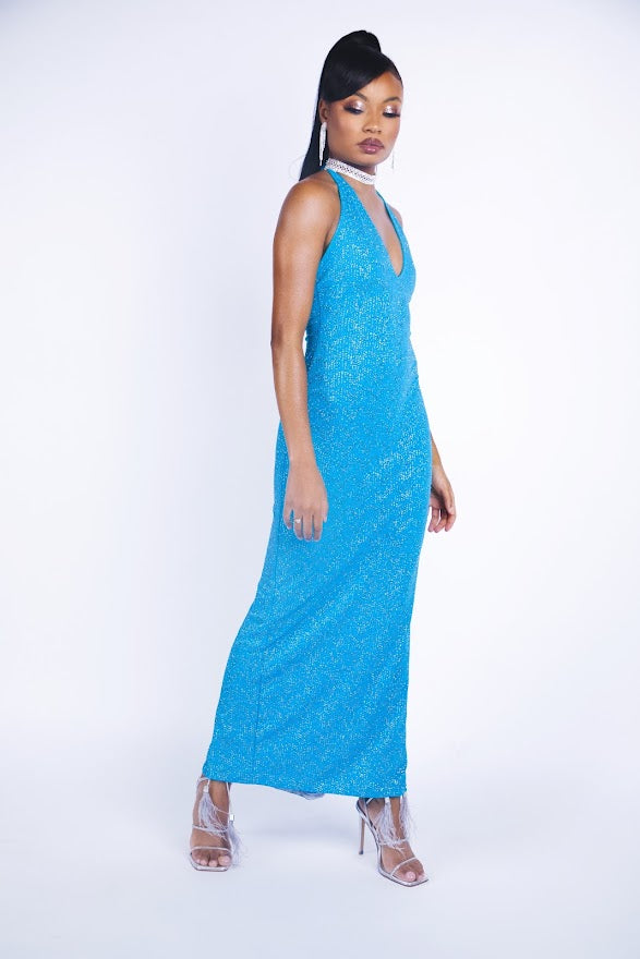 Rental: 90s Jessica McClintock for Gunne Sax Blue Glitter Halter Dress (XS-M)