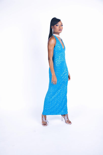 Rental: 90s Jessica McClintock for Gunne Sax Blue Glitter Halter Dress (XS-M)