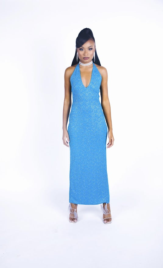 Rental: 90s Jessica McClintock for Gunne Sax Blue Glitter Halter Dress (XS-M)