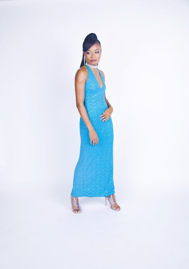 Rental: 90s Jessica McClintock for Gunne Sax Blue Glitter Halter Dress (XS-M)