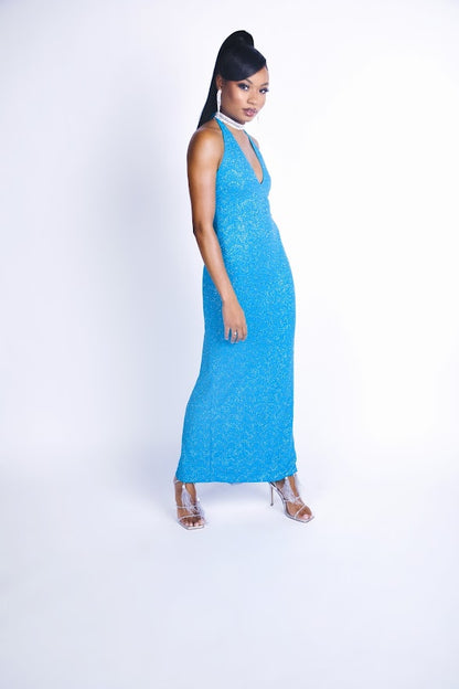 Rental: 90s Jessica McClintock for Gunne Sax Blue Glitter Halter Dress (XS-M)