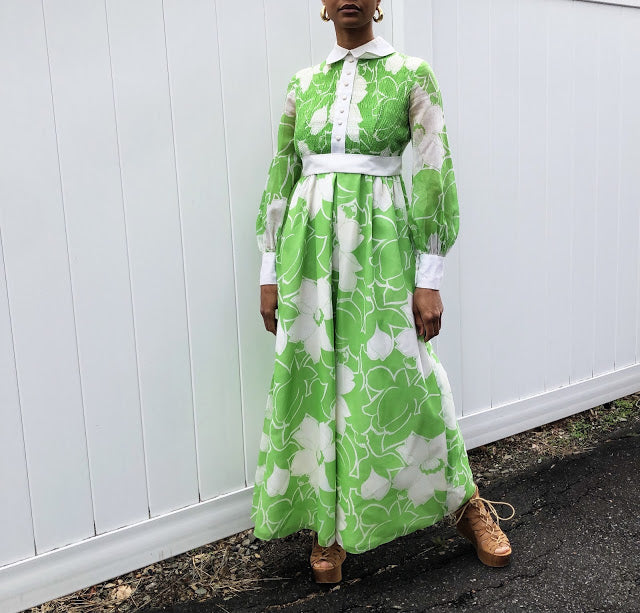 60s Handmade Green and White Floral Dress (S)