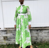 60s Handmade Green and White Floral Dress (S)