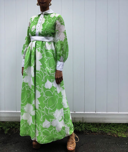 60s Handmade Green and White Floral Dress (S)