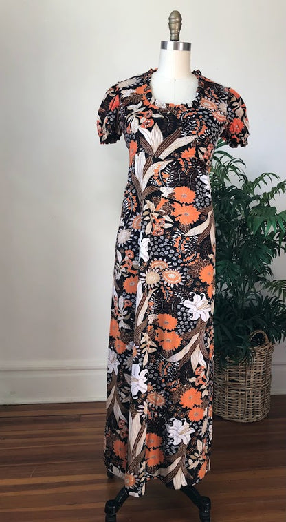 70s Handmade Orange Brown Maxi Dress (XS/Small)