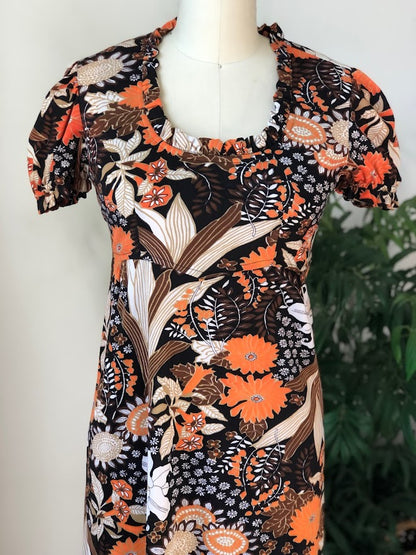 70s Handmade Orange Brown Maxi Dress (XS/Small)