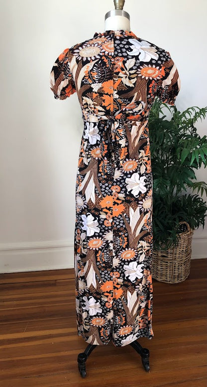 70s Handmade Orange Brown Maxi Dress (XS/Small)