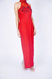 Rental: 80s 90s Red Beaded Halter Evening Gown (Medium/Large)