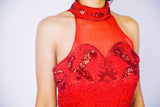 Rental: 80s 90s Red Beaded Halter Evening Gown (Medium/Large)