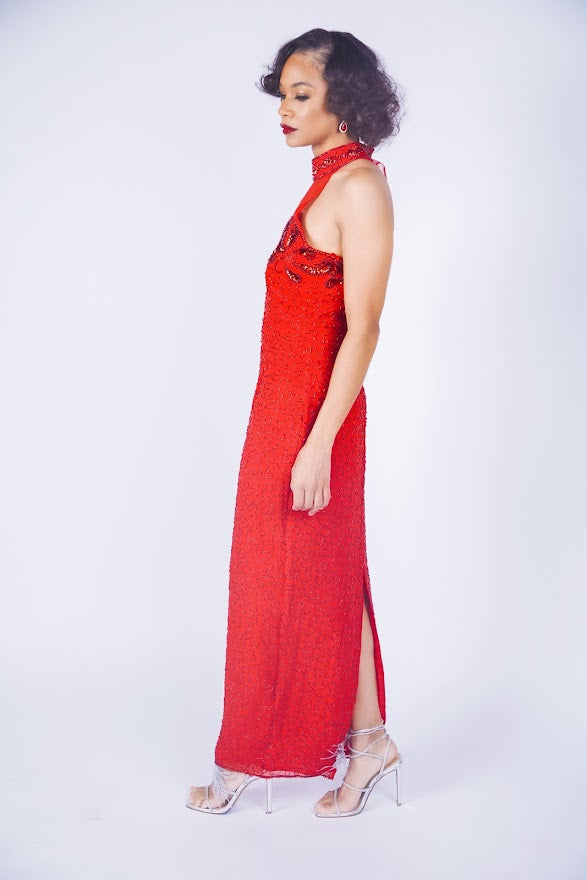 Rental: 80s 90s Red Beaded Halter Evening Gown (Medium/Large)