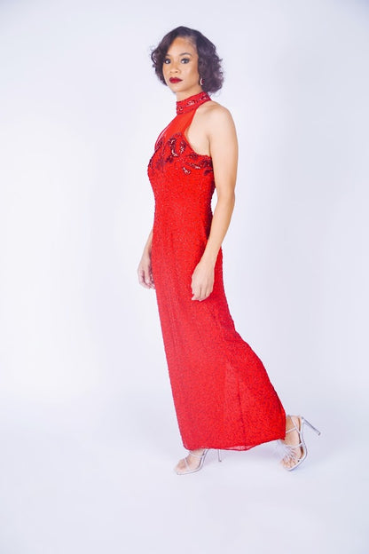 Rental: 80s 90s Red Beaded Halter Evening Gown (Medium/Large)