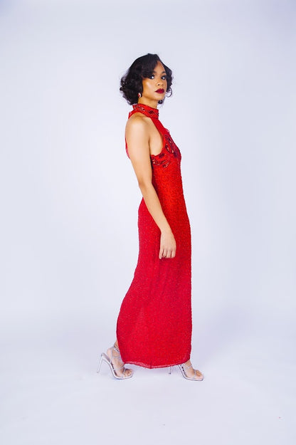 Rental: 80s 90s Red Beaded Halter Evening Gown (Medium/Large)