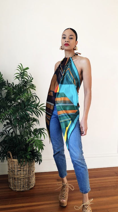 Reworked Teal Sunset Scarf Top (One Size)