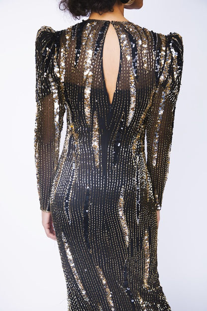 Rental: 80s Black and Gold Sequin Cocktail Dress (Medium)