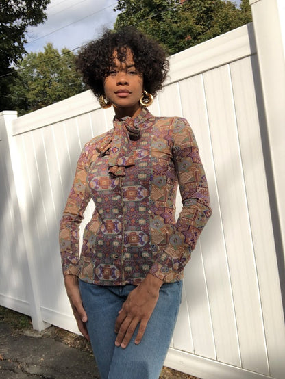 70s Wayne Rodgers Folk Print Blouse (Small)