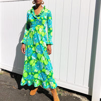 70s Young Dimensions Saks Fifth Ave Neon Blue/Green Maxi Dress (XS/S)