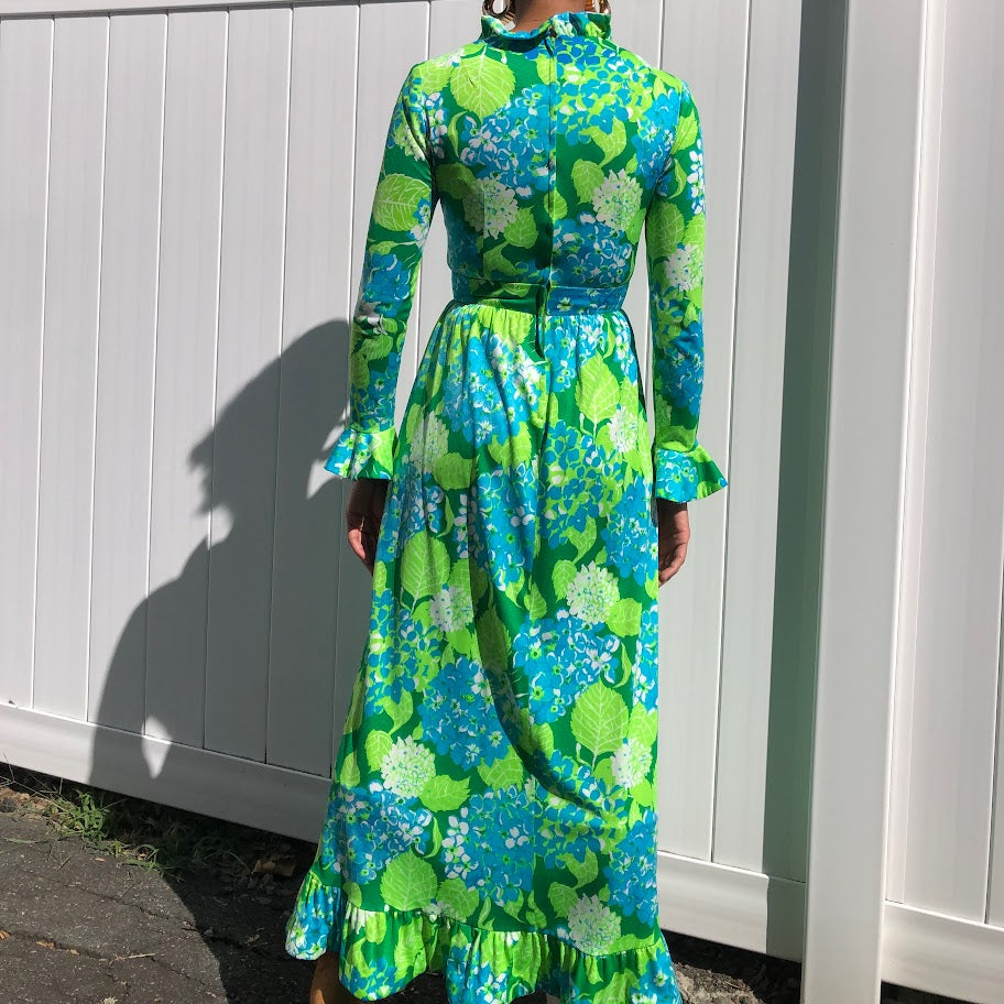 70s Young Dimensions Saks Fifth Ave Neon Blue/Green Maxi Dress (XS/S)